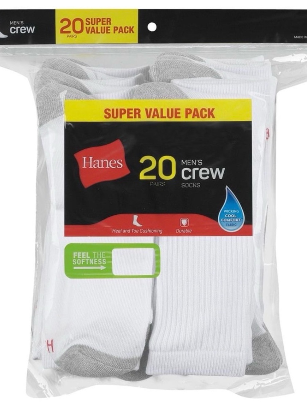 Hanes Men’s Crew Socks - White with Gray Accents (20-Pack)Size 6-12 NWT